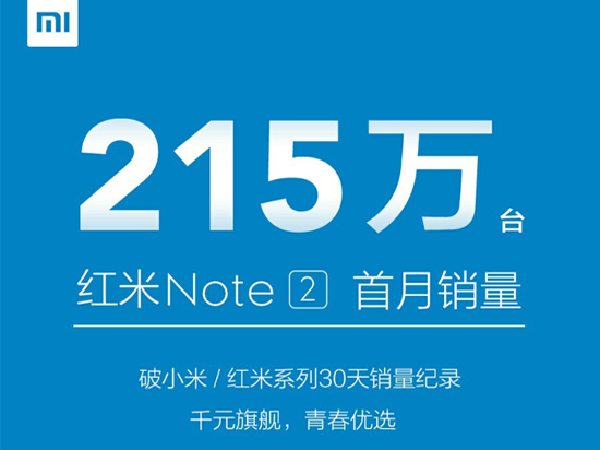 每天7萬臺！紅米Note2單月銷量竟達(dá)215萬