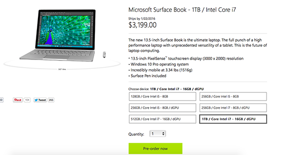 售價(jià)超2萬元！1TB版Surface Book開啟預(yù)定