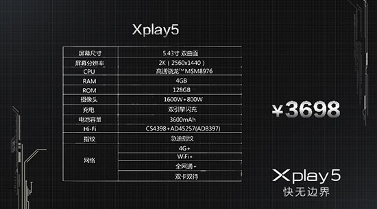 曲面屏6G內(nèi)存，vivo Xplay5發(fā)布3698元起