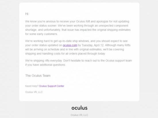 Oculus Rift推遲發(fā)貨？給你包郵咯