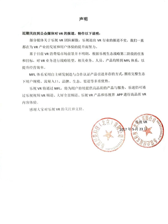 是業務轉型還是嘴硬？樂視官方回應VR團隊解散傳聞